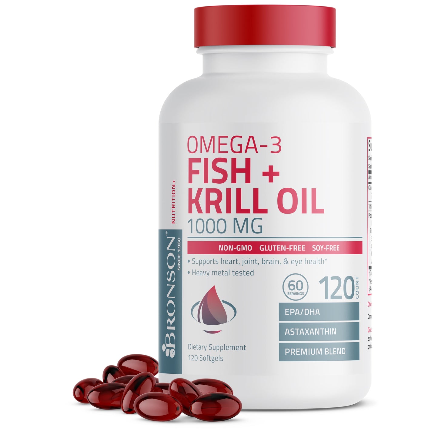 Omega-3 Fish + Krill Oil 1000MG Support Heart, Joint, Brain & Eye Health - Heavy Metal Tested - NON-GMO, 120 Softgels (60 Servings)