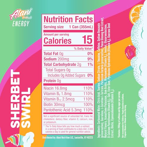 Alani Nu VARIETY PACK CHERRY TWIST, PINK SLUSH, ORANGE KISS Sugar Free, Low Calorie Energy Drinks, 200mg Caffeine, Biotin B Vitamins, Zero Sugar, 10 Calories, 12 Fl Oz Cans, 12 Pack