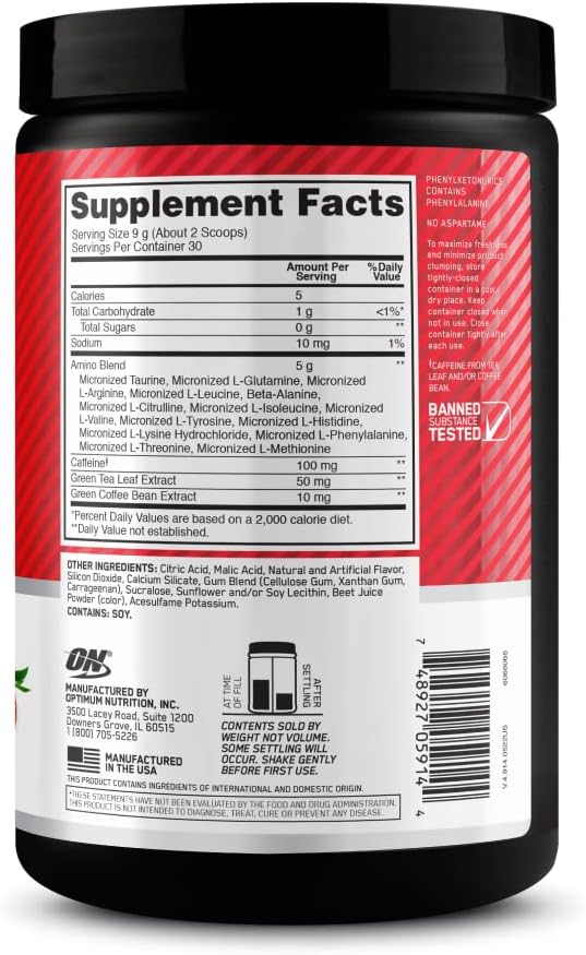 Optimum Nutrition Amino Energy - Pre Workout with Green Tea, BCAA, Amino Acids, Keto Friendly, Green Coffee Extract, Energy Powder - Blue Raspberry, 30 Servings (Packaging May Vary)
