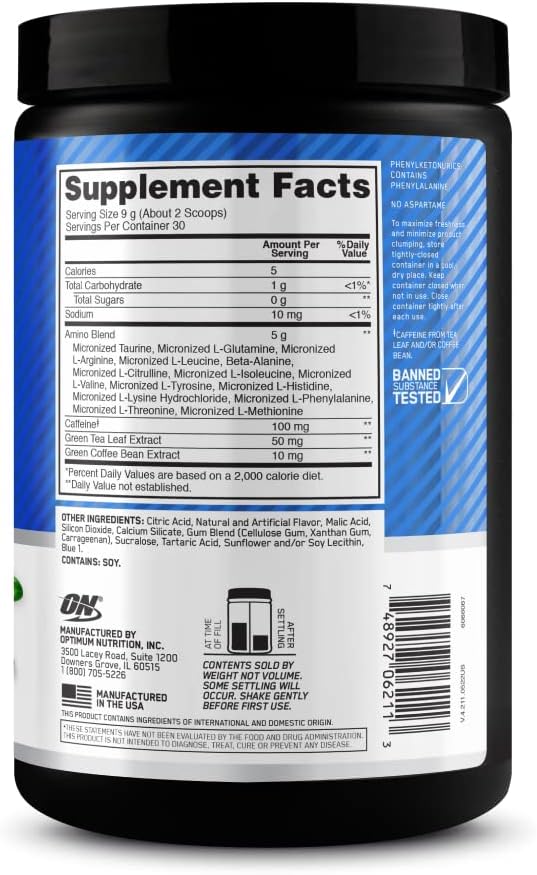 Optimum Nutrition Amino Energy - Pre Workout with Green Tea, BCAA, Amino Acids, Keto Friendly, Green Coffee Extract, Energy Powder - Blue Raspberry, 30 Servings (Packaging May Vary)