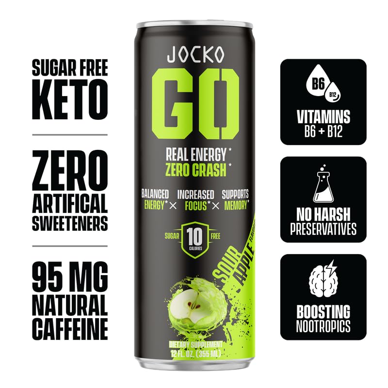Jocko GO Energy Drink (Afterburner Orange) - KETO, Vitamin B12, Vitamin B6, Electrolytes, L Theanine, Magnesium- All Natural Energy Boost, Sugar Free Nootropic Monk Fruit Blend - 12 Pack