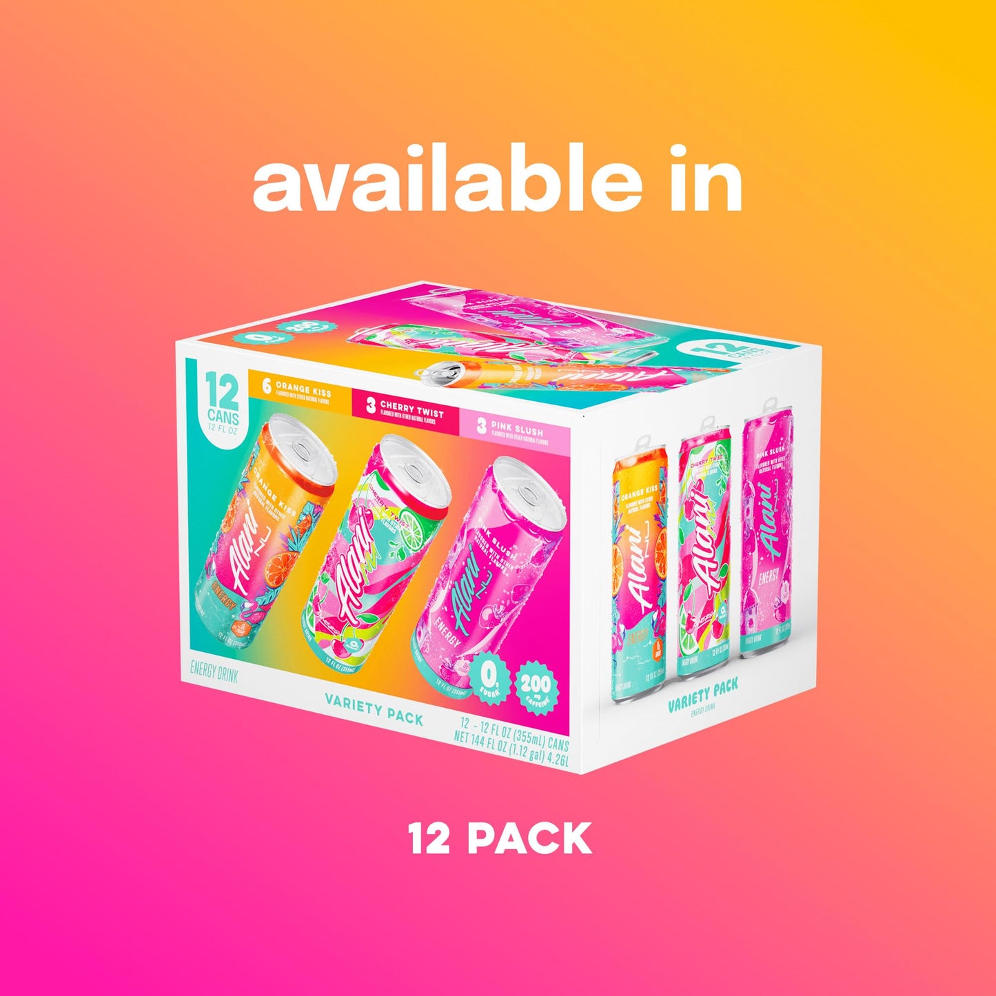 Alani Nu VARIETY PACK CHERRY TWIST, PINK SLUSH, ORANGE KISS Sugar Free, Low Calorie Energy Drinks, 200mg Caffeine, Biotin B Vitamins, Zero Sugar, 10 Calories, 12 Fl Oz Cans, 12 Pack