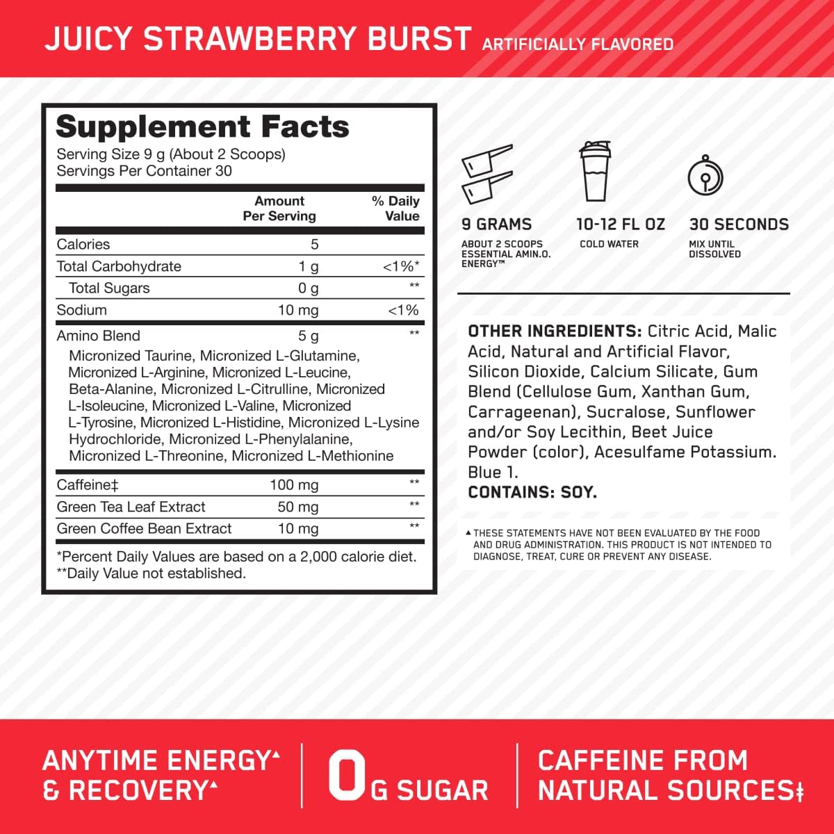 Optimum Nutrition Amino Energy - Pre Workout with Green Tea, BCAA, Amino Acids, Keto Friendly, Green Coffee Extract, Energy Powder - Blue Raspberry, 30 Servings (Packaging May Vary)