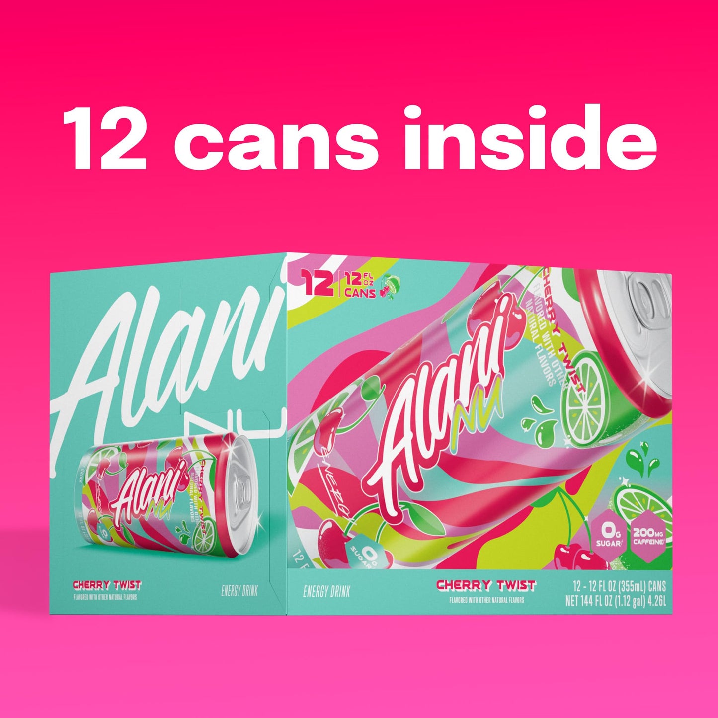 Alani Nu VARIETY PACK CHERRY TWIST, PINK SLUSH, ORANGE KISS Sugar Free, Low Calorie Energy Drinks, 200mg Caffeine, Biotin B Vitamins, Zero Sugar, 10 Calories, 12 Fl Oz Cans, 12 Pack