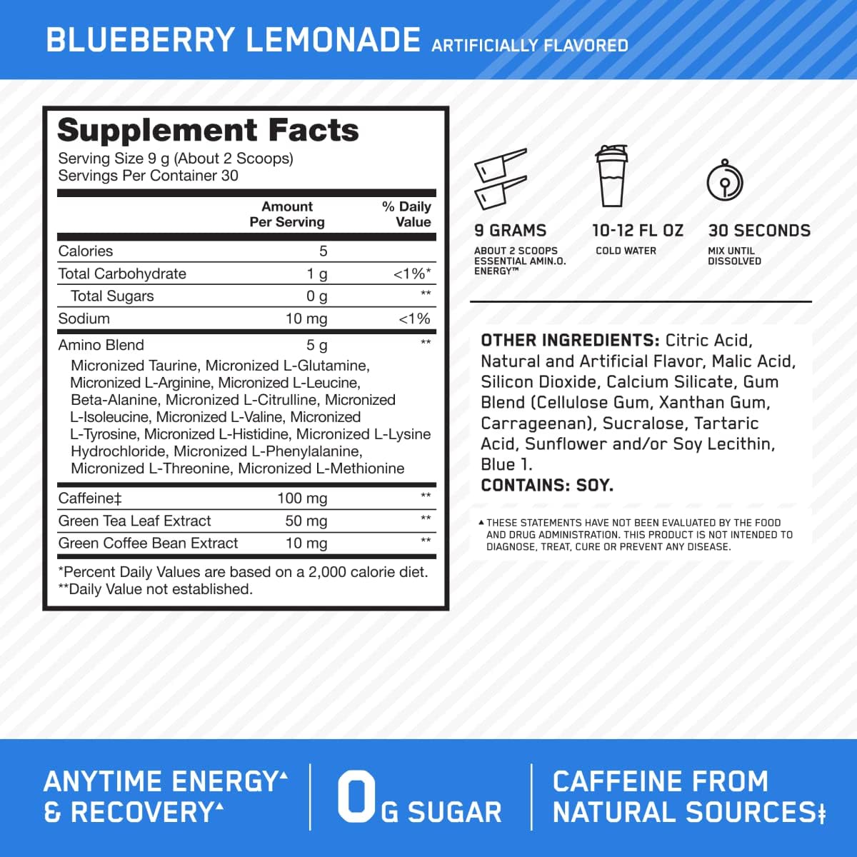 Optimum Nutrition Amino Energy - Pre Workout with Green Tea, BCAA, Amino Acids, Keto Friendly, Green Coffee Extract, Energy Powder - Blue Raspberry, 30 Servings (Packaging May Vary)