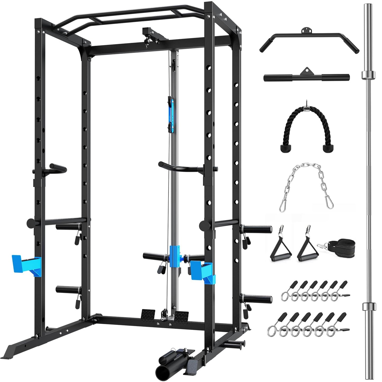 Power Cage, Multi-Functional Power Rack with J-Hooks, Dip Handles, Landmine Attachment and Optional Cable Pulley System for Home Gym