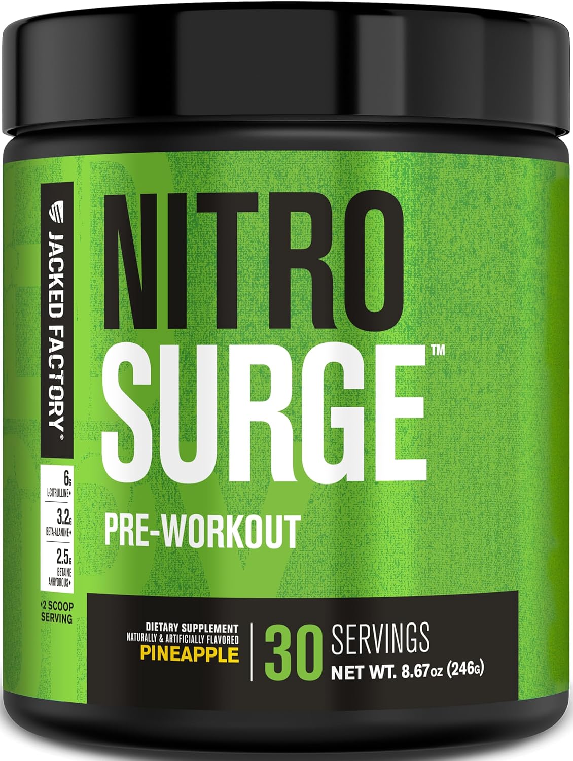 Jacked Factory NITROSURGE Pre Workout Supplement - for Energy, Instant Strength Gains, Clear Focus, Intense Pumps - Nitric Oxide Booster & Preworkout Powder with Beta Alanine - 30 Servings, Pineapple