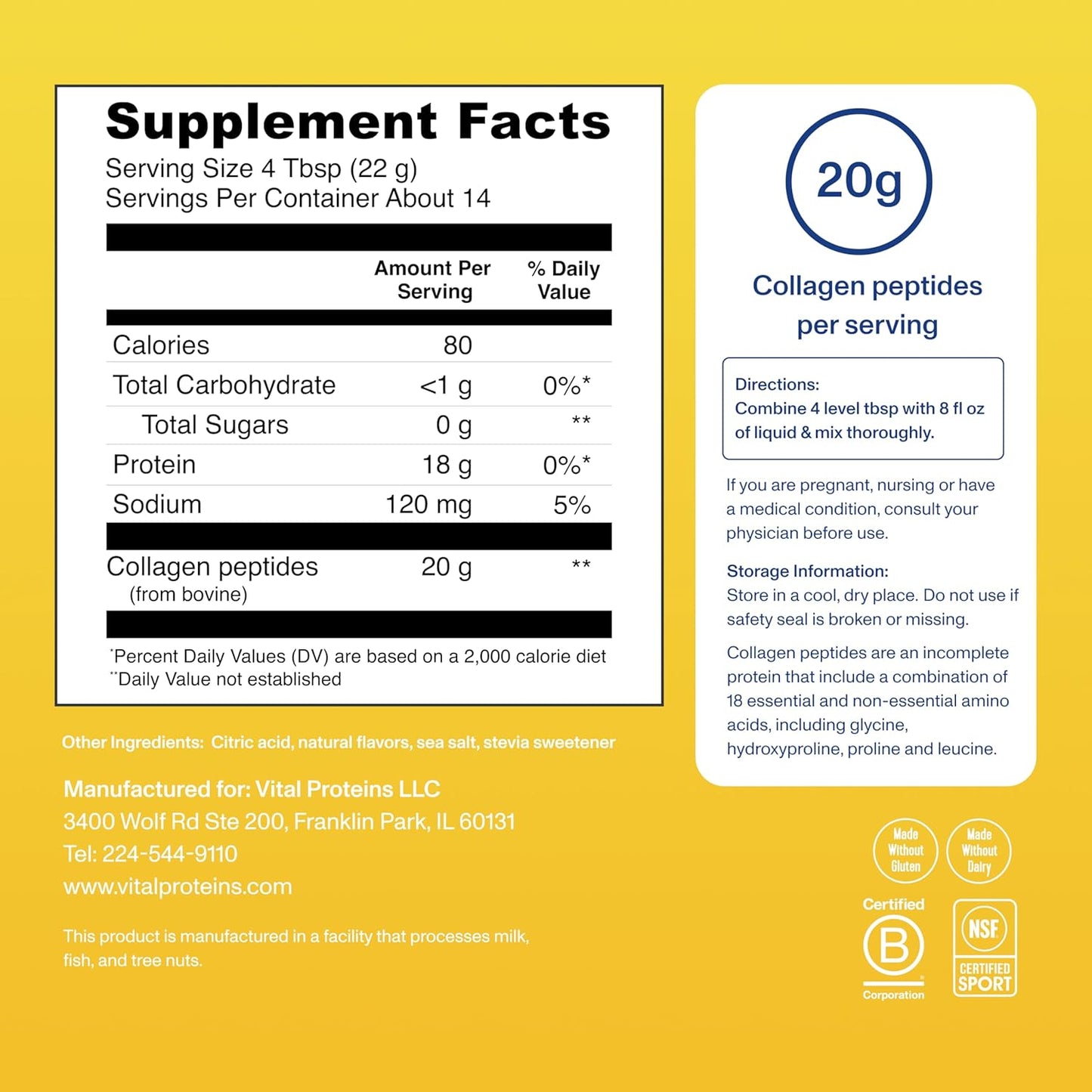 Vital Proteins Collagen Peptides Powder - Grass Fed Collagen Peptides for Hair, Nail, Skin, Bone & Joint Health, Unflavored, 9.33oz