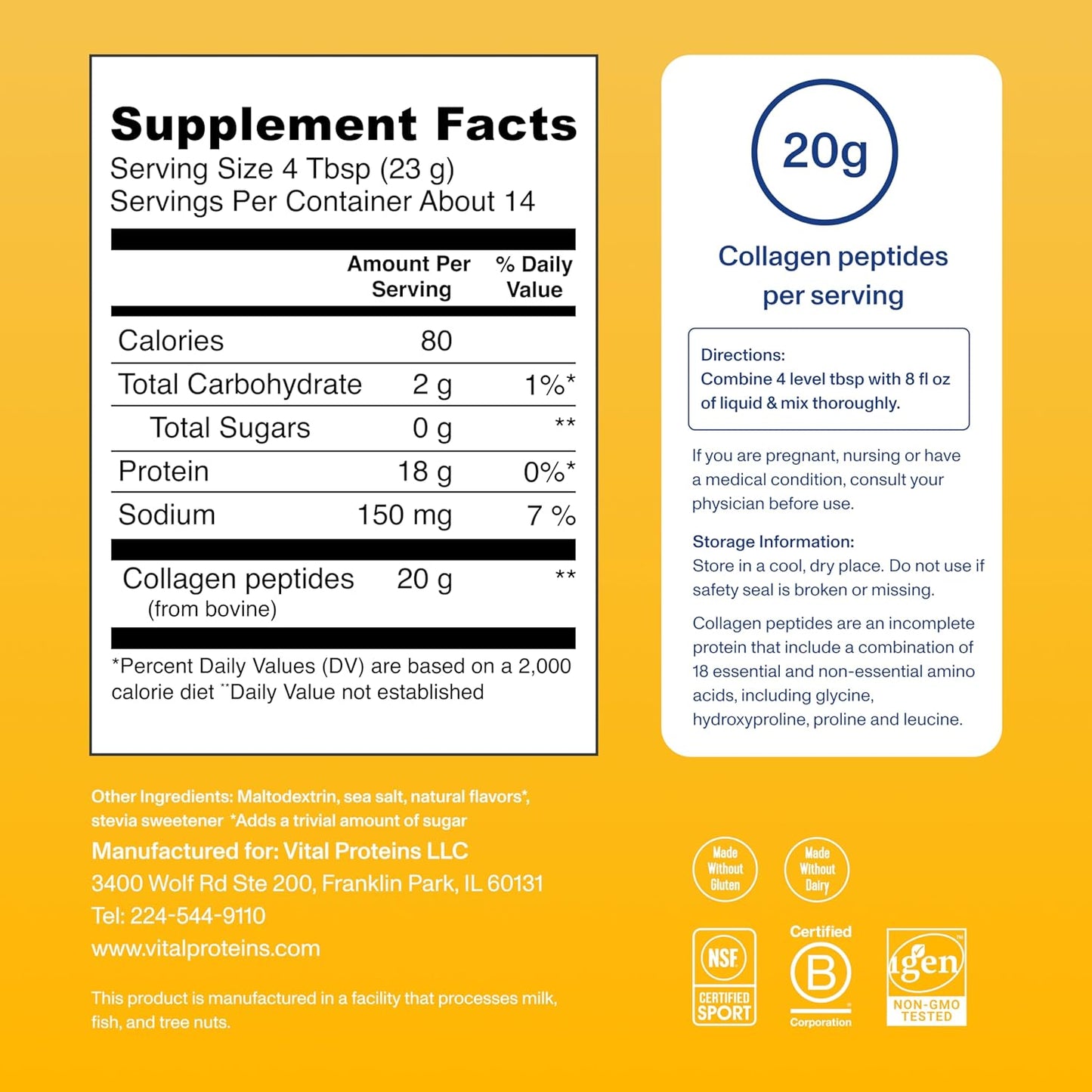 Vital Proteins Collagen Peptides Powder - Grass Fed Collagen Peptides for Hair, Nail, Skin, Bone & Joint Health, Unflavored, 9.33oz