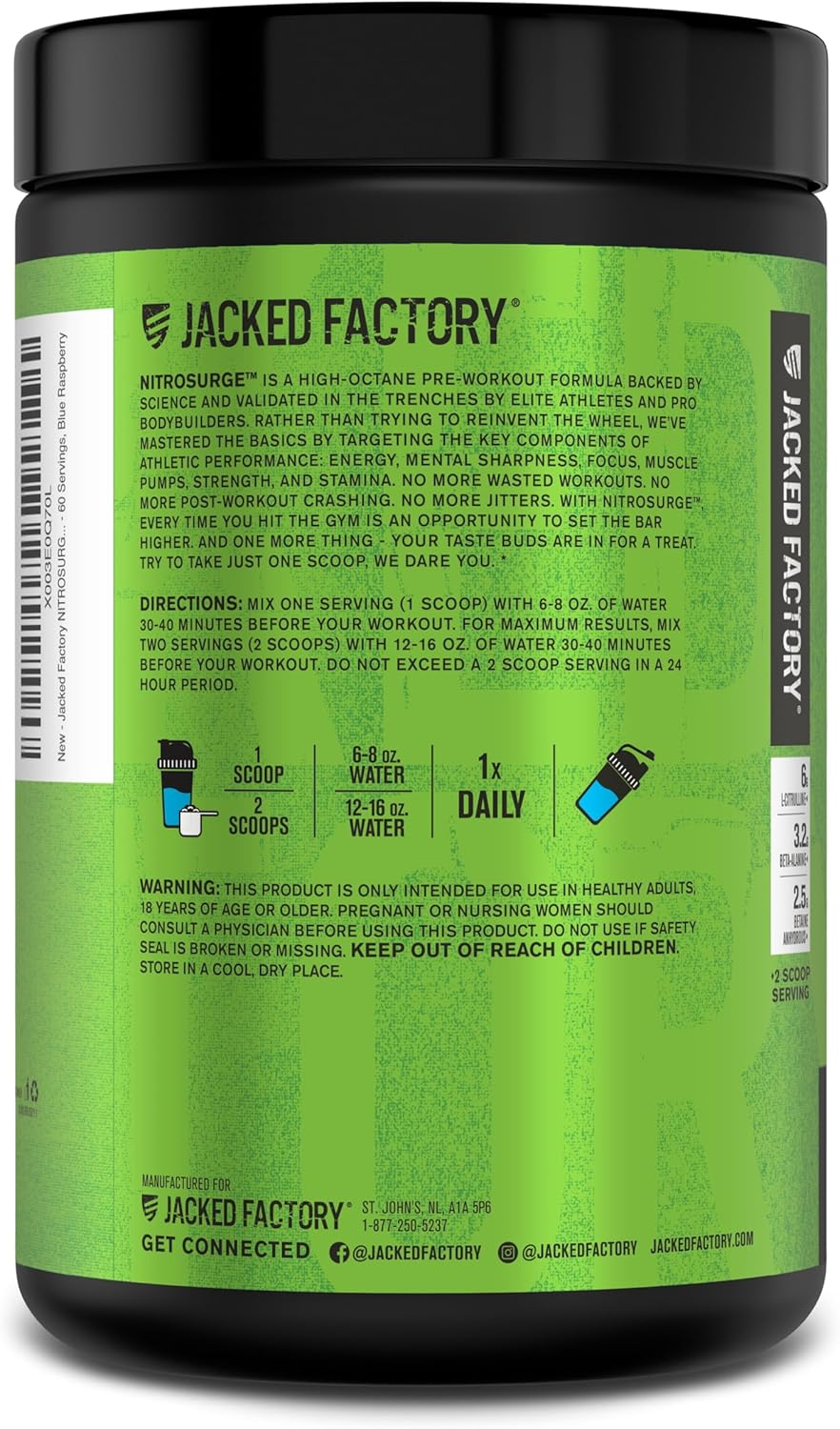 Jacked Factory NITROSURGE Pre Workout Supplement - for Energy, Instant Strength Gains, Clear Focus, Intense Pumps - Nitric Oxide Booster & Preworkout Powder with Beta Alanine - 30 Servings, Pineapple