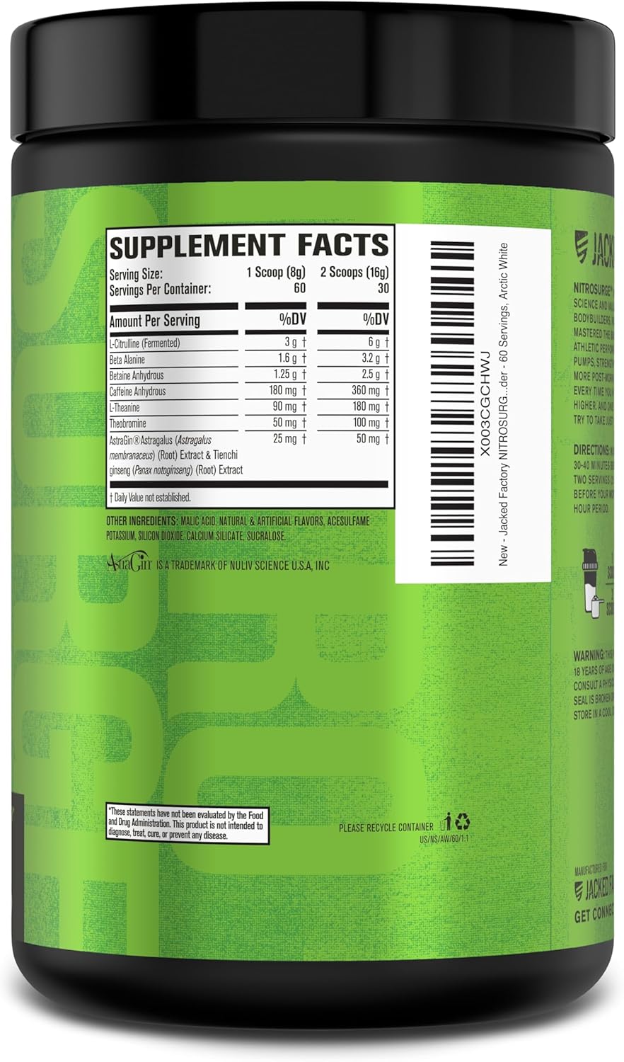 Jacked Factory NITROSURGE Pre Workout Supplement - for Energy, Instant Strength Gains, Clear Focus, Intense Pumps - Nitric Oxide Booster & Preworkout Powder with Beta Alanine - 30 Servings, Pineapple