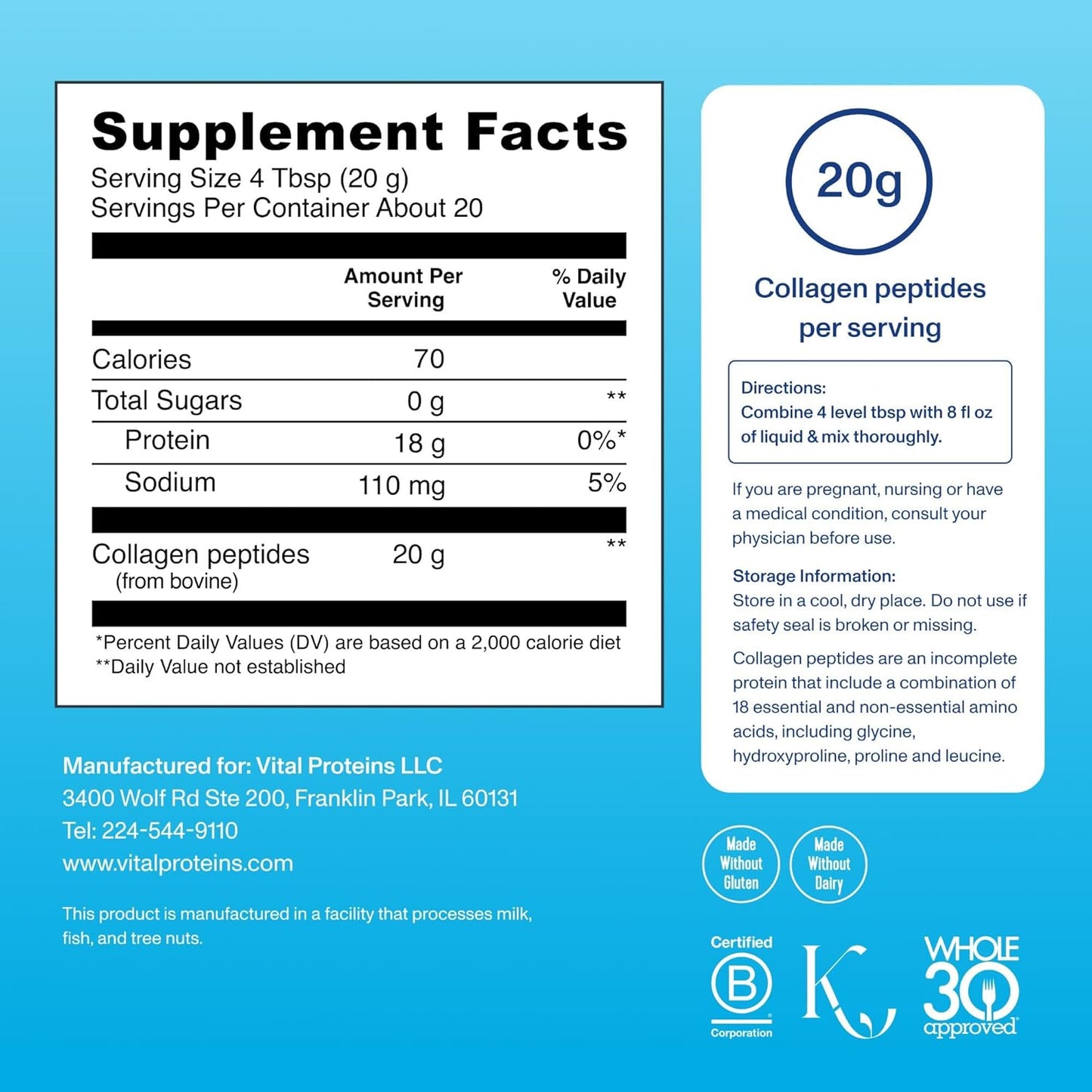 Vital Proteins Collagen Peptides Powder - Grass Fed Collagen Peptides for Hair, Nail, Skin, Bone & Joint Health, Unflavored, 9.33oz