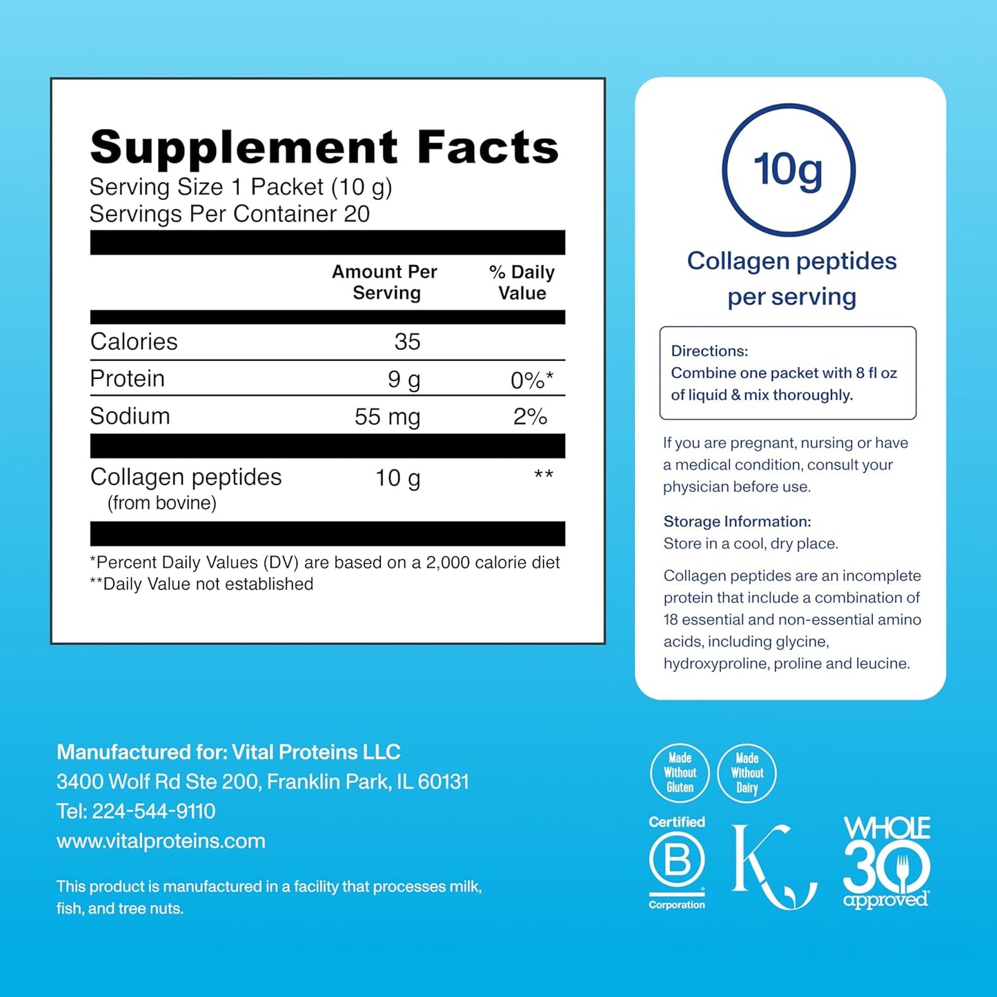 Vital Proteins Collagen Peptides Powder - Grass Fed Collagen Peptides for Hair, Nail, Skin, Bone & Joint Health, Unflavored, 9.33oz