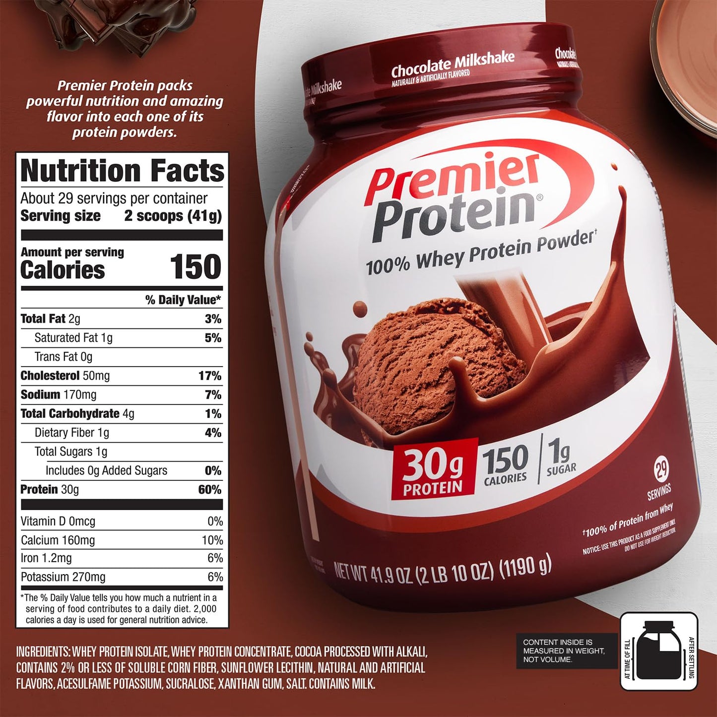 Premier Protein Powder, Chocolate Milkshake, 30g Protein, 1g Sugar, 100% Whey Protein, Keto Friendly, No Soy Ingredients, Gluten Free, 17 Servings, 24.5 Ounce (Pack of 1)