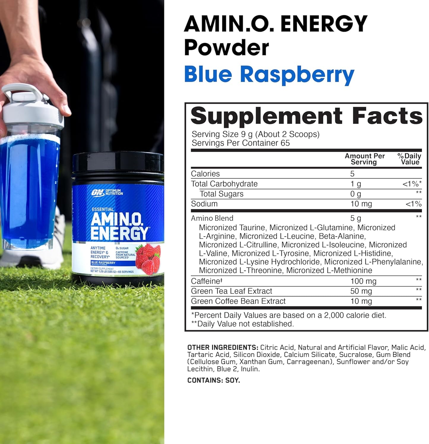 Optimum Nutrition Amino Energy - Pre Workout with Green Tea, BCAA, Amino Acids, Keto Friendly, Green Coffee Extract, Energy Powder - Blue Raspberry, 30 Servings (Packaging May Vary)