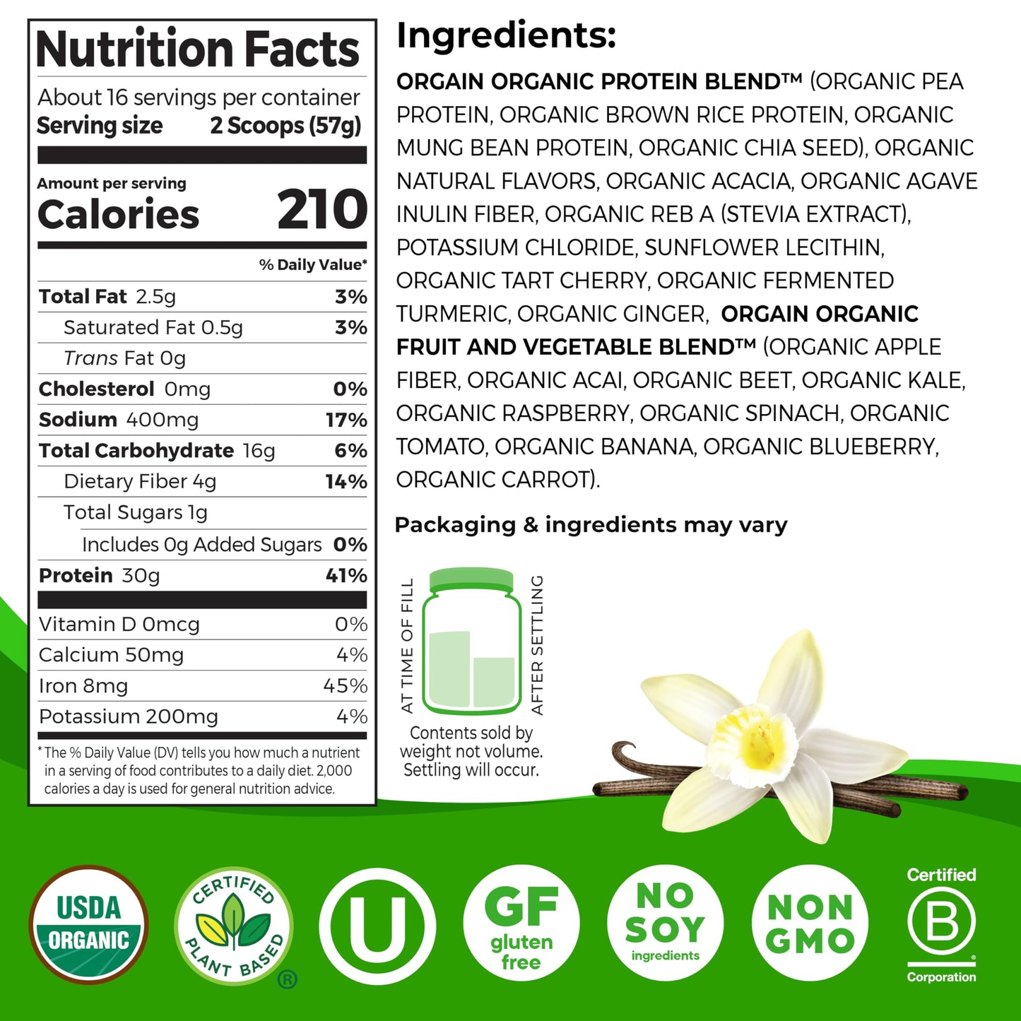 Orgain Organic 30g Vegan Protein Powder, Vanilla, 9g EAAs + BCAAs, Plant Protein, 4g Prebiotic + Fiber, 1g Sugar, Pre-Workout, Muscle Support + Recovery, PMV - 2.01lb (Packaging May Vary)