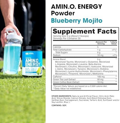 Optimum Nutrition Amino Energy - Pre Workout with Green Tea, BCAA, Amino Acids, Keto Friendly, Green Coffee Extract, Energy Powder - Blue Raspberry, 30 Servings (Packaging May Vary)