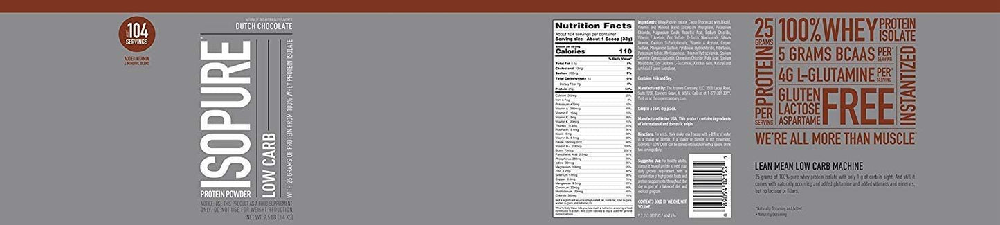 Isopure Protein Powder Low Carb With Creatine Powder 500g Unflavored, Keto Friendly Protein Powder, 100% Whey Protein Isolate, Protein Flavor: Dutch Chocolate, 7.5 Pounds