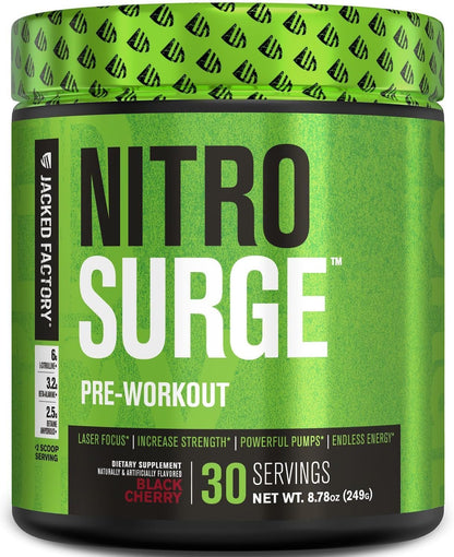 Jacked Factory NITROSURGE Pre Workout Supplement - for Energy, Instant Strength Gains, Clear Focus, Intense Pumps - Nitric Oxide Booster & Preworkout Powder with Beta Alanine - 30 Servings, Pineapple