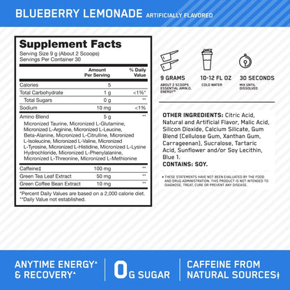 Optimum Nutrition Amino Energy - Pre Workout with Green Tea, BCAA, Amino Acids, Keto Friendly, Green Coffee Extract, Energy Powder - Blue Raspberry, 30 Servings (Packaging May Vary)