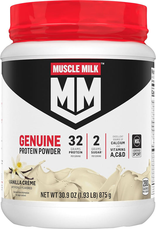 Muscle Milk Genuine Protein Powder, Vanilla Crème, 1.93 Pounds, 12 Servings, 32g Protein, 2g Sugar, Calcium, Vitamins A, C & D, NSF Certified for Sport, Energizing Snack, Packaging May Vary