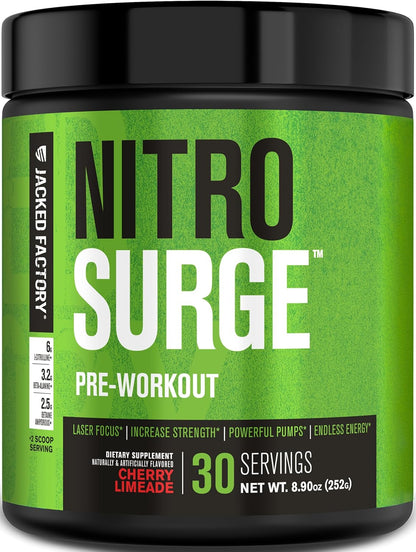 Jacked Factory NITROSURGE Pre Workout Supplement - for Energy, Instant Strength Gains, Clear Focus, Intense Pumps - Nitric Oxide Booster & Preworkout Powder with Beta Alanine - 30 Servings, Pineapple