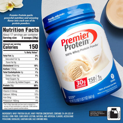 Premier Protein Powder, Chocolate Milkshake, 30g Protein, 1g Sugar, 100% Whey Protein, Keto Friendly, No Soy Ingredients, Gluten Free, 17 Servings, 24.5 Ounce (Pack of 1)