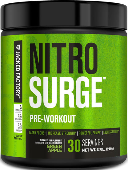 Jacked Factory NITROSURGE Pre Workout Supplement - for Energy, Instant Strength Gains, Clear Focus, Intense Pumps - Nitric Oxide Booster & Preworkout Powder with Beta Alanine - 30 Servings, Pineapple