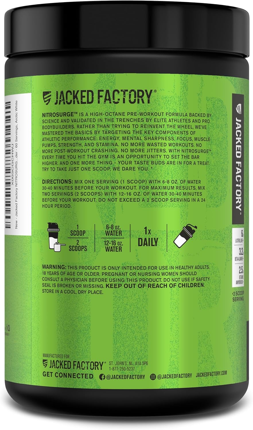 Jacked Factory NITROSURGE Pre Workout Supplement - for Energy, Instant Strength Gains, Clear Focus, Intense Pumps - Nitric Oxide Booster & Preworkout Powder with Beta Alanine - 30 Servings, Pineapple
