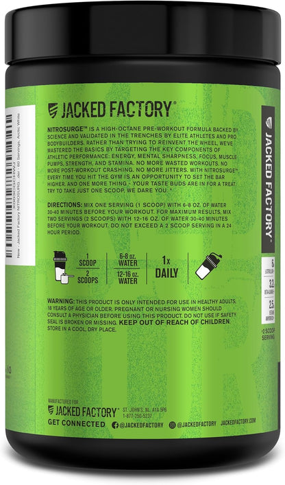 Jacked Factory NITROSURGE Pre Workout Supplement - for Energy, Instant Strength Gains, Clear Focus, Intense Pumps - Nitric Oxide Booster & Preworkout Powder with Beta Alanine - 30 Servings, Pineapple