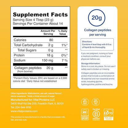 Vital Proteins Collagen Peptides Powder - Grass Fed Collagen Peptides for Hair, Nail, Skin, Bone & Joint Health, Unflavored, 9.33oz