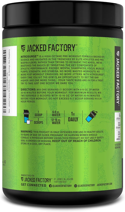 Jacked Factory NITROSURGE Pre Workout Supplement - for Energy, Instant Strength Gains, Clear Focus, Intense Pumps - Nitric Oxide Booster & Preworkout Powder with Beta Alanine - 30 Servings, Pineapple