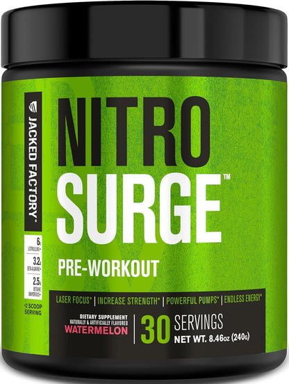 Jacked Factory NITROSURGE Pre Workout Supplement - for Energy, Instant Strength Gains, Clear Focus, Intense Pumps - Nitric Oxide Booster & Preworkout Powder with Beta Alanine - 30 Servings, Pineapple