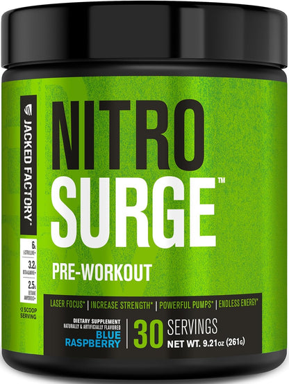 Jacked Factory NITROSURGE Pre Workout Supplement - for Energy, Instant Strength Gains, Clear Focus, Intense Pumps - Nitric Oxide Booster & Preworkout Powder with Beta Alanine - 30 Servings, Pineapple