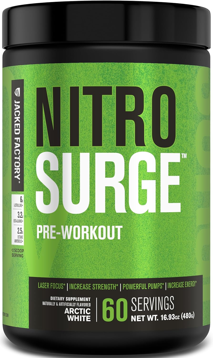 Jacked Factory NITROSURGE Pre Workout Supplement - for Energy, Instant Strength Gains, Clear Focus, Intense Pumps - Nitric Oxide Booster & Preworkout Powder with Beta Alanine - 30 Servings, Pineapple