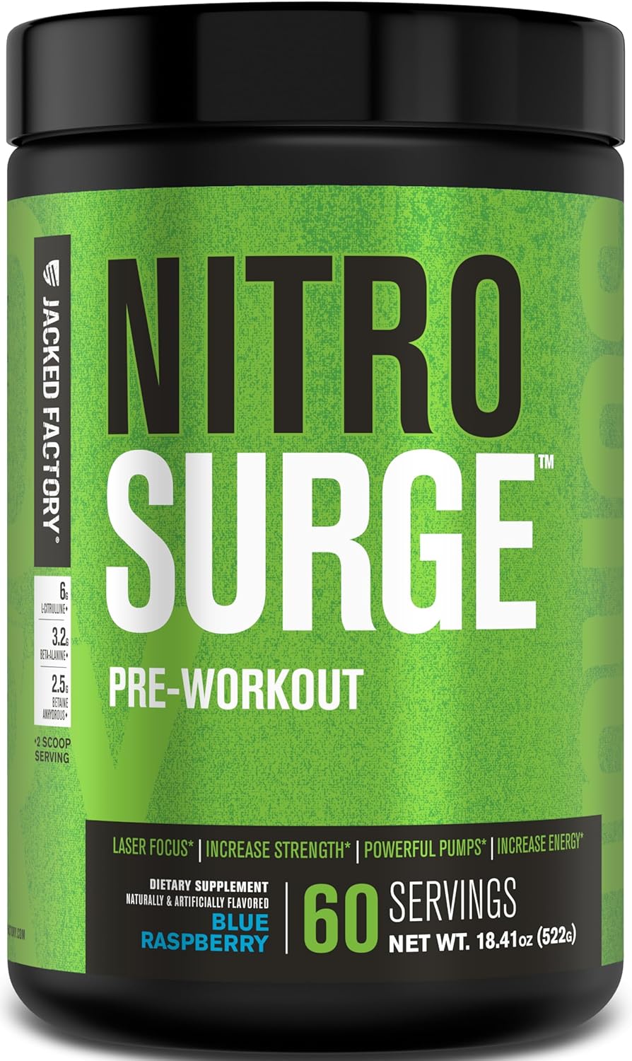 Jacked Factory NITROSURGE Pre Workout Supplement - for Energy, Instant Strength Gains, Clear Focus, Intense Pumps - Nitric Oxide Booster & Preworkout Powder with Beta Alanine - 30 Servings, Pineapple