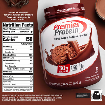 Premier Protein Powder, Chocolate Milkshake, 30g Protein, 1g Sugar, 100% Whey Protein, Keto Friendly, No Soy Ingredients, Gluten Free, 17 Servings, 24.5 Ounce (Pack of 1)