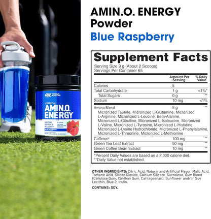 Optimum Nutrition Amino Energy - Pre Workout with Green Tea, BCAA, Amino Acids, Keto Friendly, Green Coffee Extract, Energy Powder - Blue Raspberry, 30 Servings (Packaging May Vary)