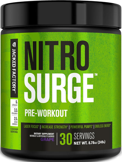 Jacked Factory NITROSURGE Pre Workout Supplement - for Energy, Instant Strength Gains, Clear Focus, Intense Pumps - Nitric Oxide Booster & Preworkout Powder with Beta Alanine - 30 Servings, Pineapple