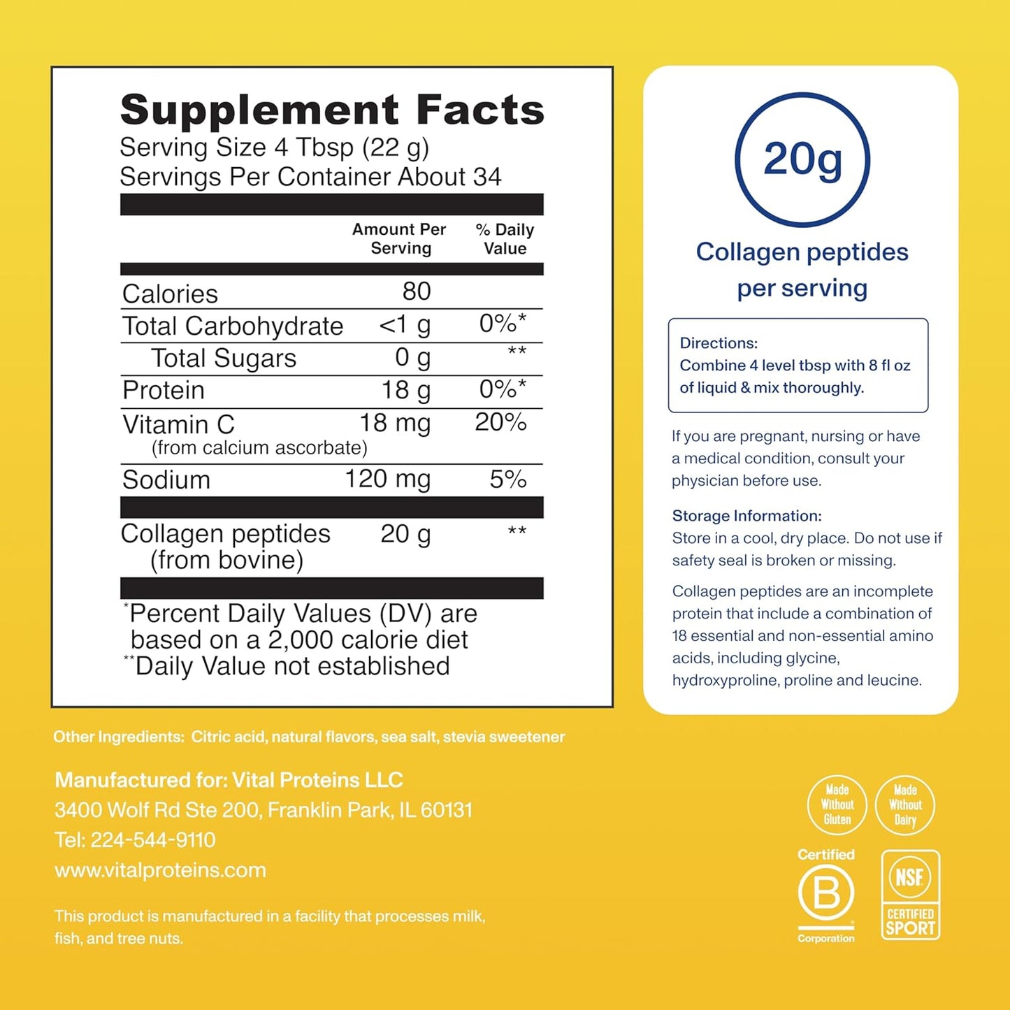Vital Proteins Collagen Peptides Powder - Grass Fed Collagen Peptides for Hair, Nail, Skin, Bone & Joint Health, Unflavored, 9.33oz