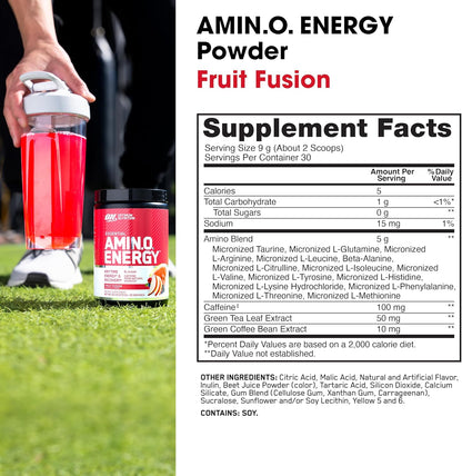 Optimum Nutrition Amino Energy - Pre Workout with Green Tea, BCAA, Amino Acids, Keto Friendly, Green Coffee Extract, Energy Powder - Blue Raspberry, 30 Servings (Packaging May Vary)
