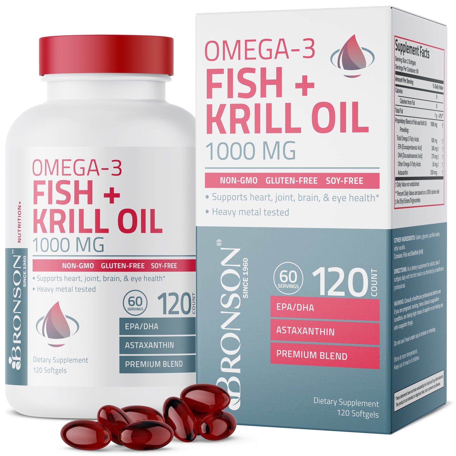 Omega-3 Fish + Krill Oil 1000MG Support Heart, Joint, Brain & Eye Health - Heavy Metal Tested - NON-GMO, 120 Softgels (60 Servings)