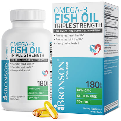 Omega 3 Fish Oil Triple Strength 2720Mg - High EPA & DHA - Heavy Metal Tested Non GMO Gluten Free Soy Free, 180 Softgels