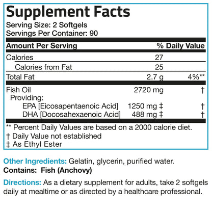 Omega 3 Fish Oil Triple Strength 2720Mg - High EPA & DHA - Heavy Metal Tested Non GMO Gluten Free Soy Free, 180 Softgels